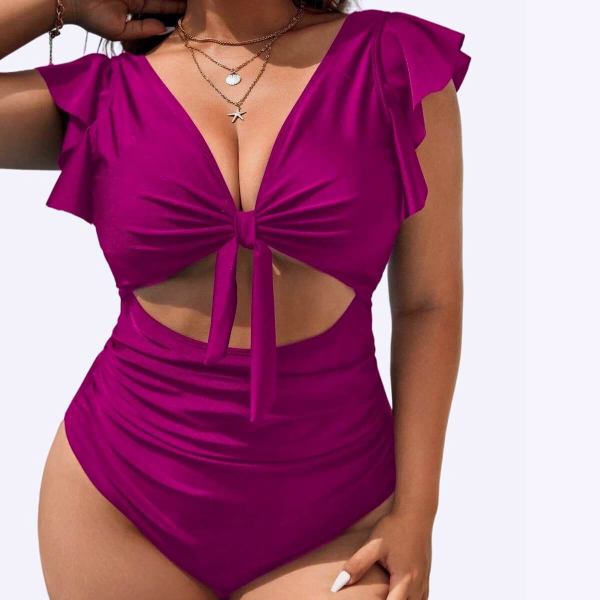 Women's Ruffle Sleeve Cutout One-Piece Swimsuit - V-Neck Tummy Control Monokini