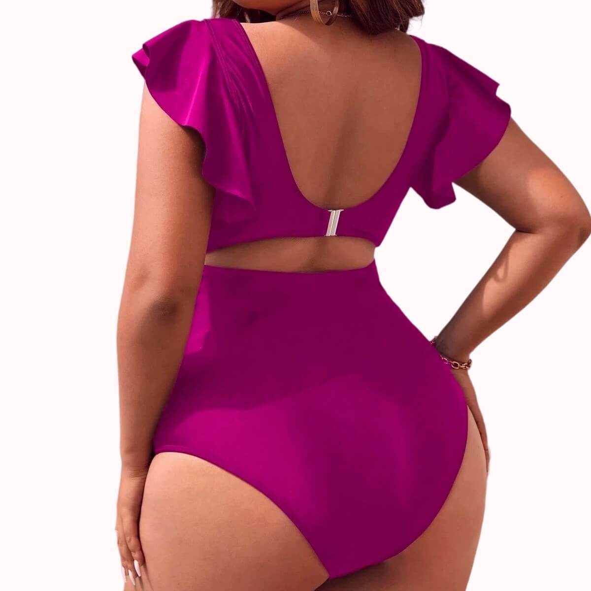 Women's Ruffle Sleeve Cutout One-Piece Swimsuit - V-Neck Tummy Control Monokini