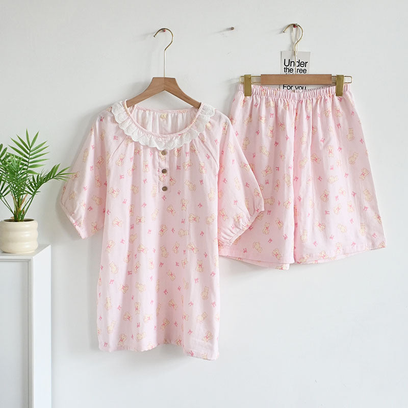 Women's Cute Cartoon Print Cotton Pajamas - Princess Short Sleeve Nightwear Set