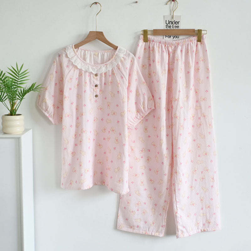 Women's Cute Cartoon Print Cotton Pajamas - Princess Short Sleeve Nightwear Set
