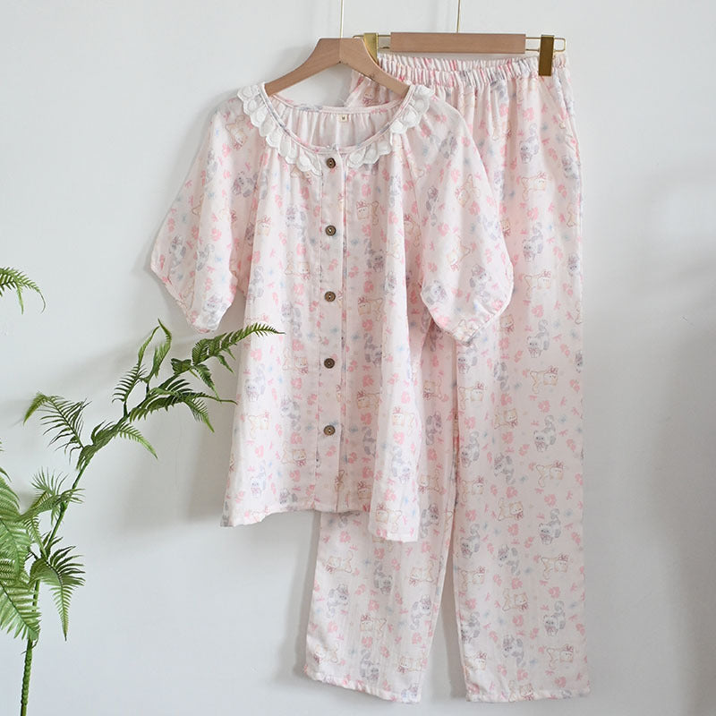 Womens Soft Double Gauze Cotton Pajama Set  Sweet Ruffle Short Sleeve Loungewear