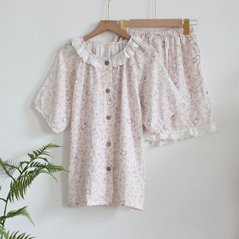 Womens Soft Double Gauze Cotton Pajama Set  Sweet Ruffle Short Sleeve Loungewear