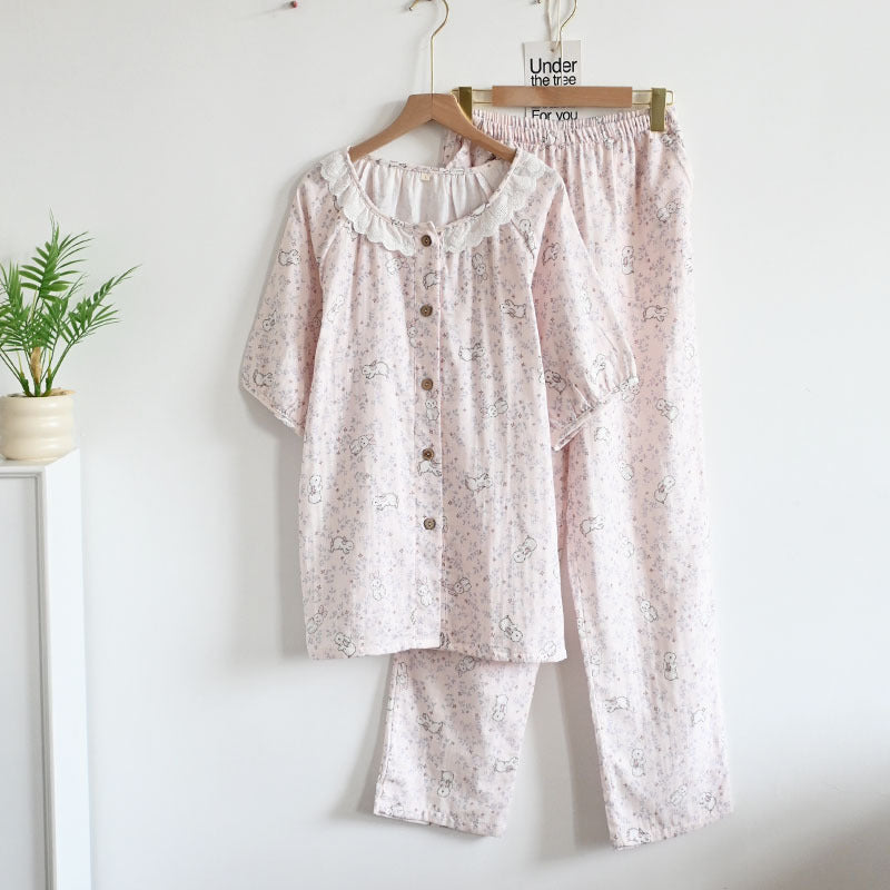 Womens Soft Double Gauze Cotton Pajama Set  Sweet Ruffle Short Sleeve Loungewear