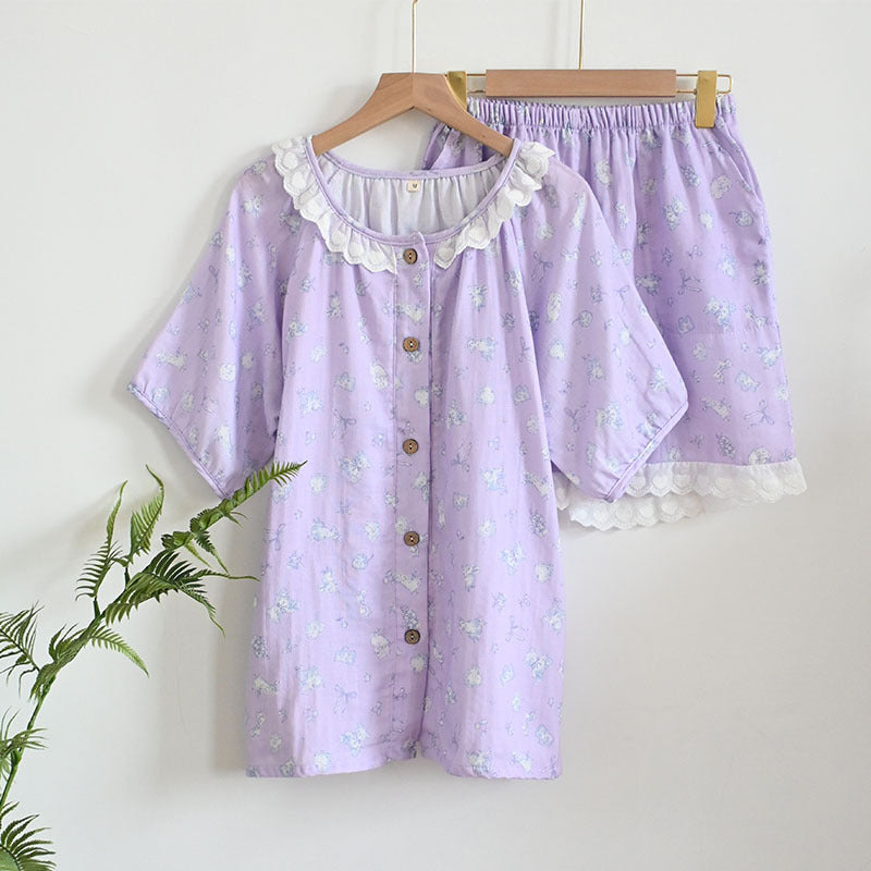 Womens Soft Double Gauze Cotton Pajama Set  Sweet Ruffle Short Sleeve Loungewear