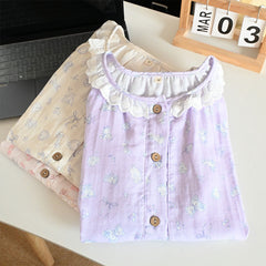 Womens Soft Double Gauze Cotton Pajama Set  Sweet Ruffle Short Sleeve Loungewear
