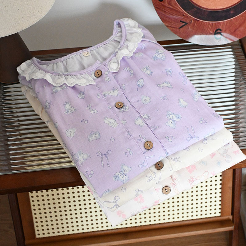 Womens Soft Double Gauze Cotton Pajama Set  Sweet Ruffle Short Sleeve Loungewear