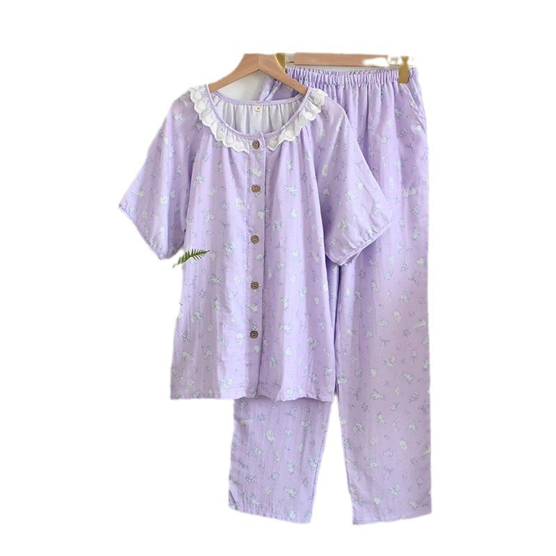 Womens Soft Double Gauze Cotton Pajama Set  Sweet Ruffle Short Sleeve Loungewear