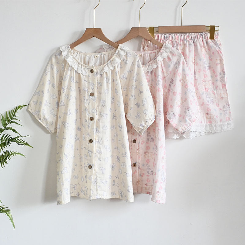 Womens Soft Double Gauze Cotton Pajama Set  Sweet Ruffle Short Sleeve Loungewear