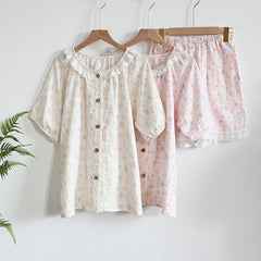 Womens Soft Double Gauze Cotton Pajama Set  Sweet Ruffle Short Sleeve Loungewear