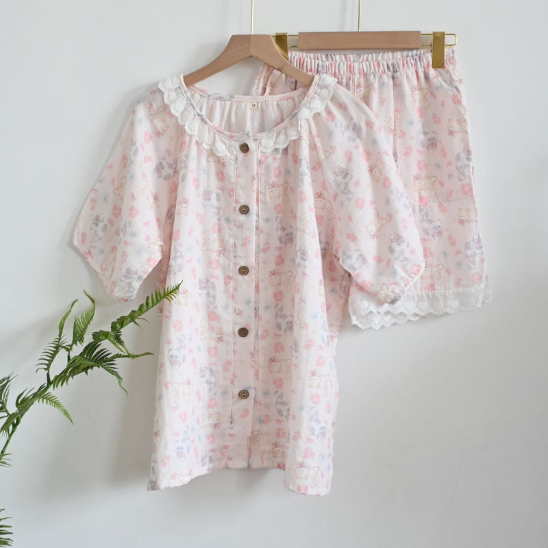 Womens Soft Double Gauze Cotton Pajama Set  Sweet Ruffle Short Sleeve Loungewear