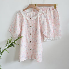 Womens Soft Double Gauze Cotton Pajama Set  Sweet Ruffle Short Sleeve Loungewear