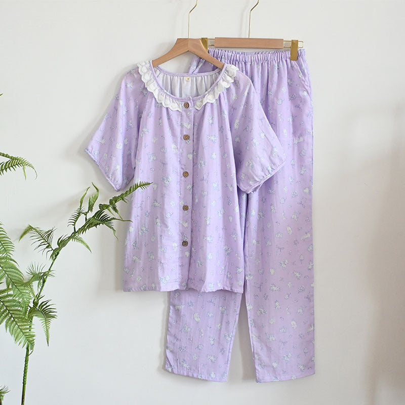 Womens Soft Double Gauze Cotton Pajama Set  Sweet Ruffle Short Sleeve Loungewear