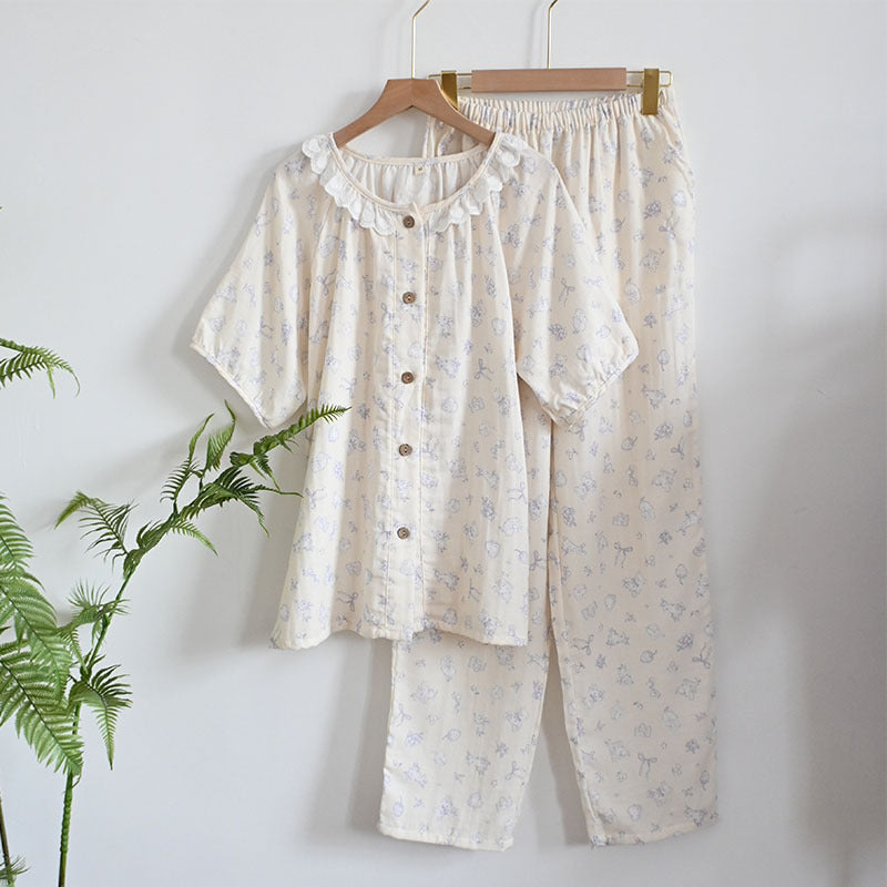 Womens Soft Double Gauze Cotton Pajama Set  Sweet Ruffle Short Sleeve Loungewear