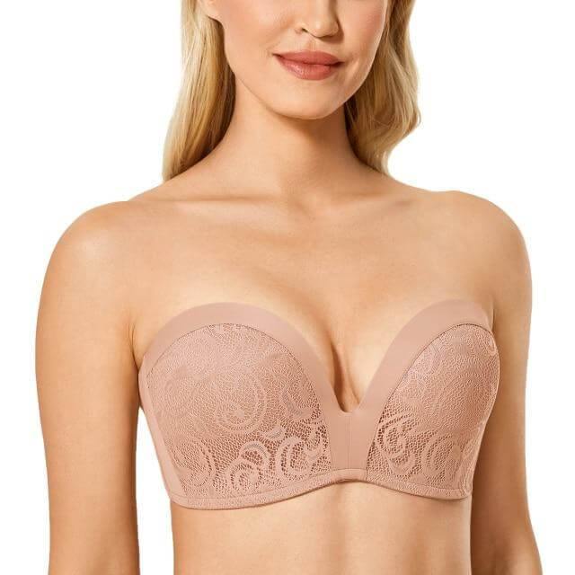 Womens Strapless Bra Silicone-Free Minimizer Bandeau Plus Size Unlined Rose  White 32D