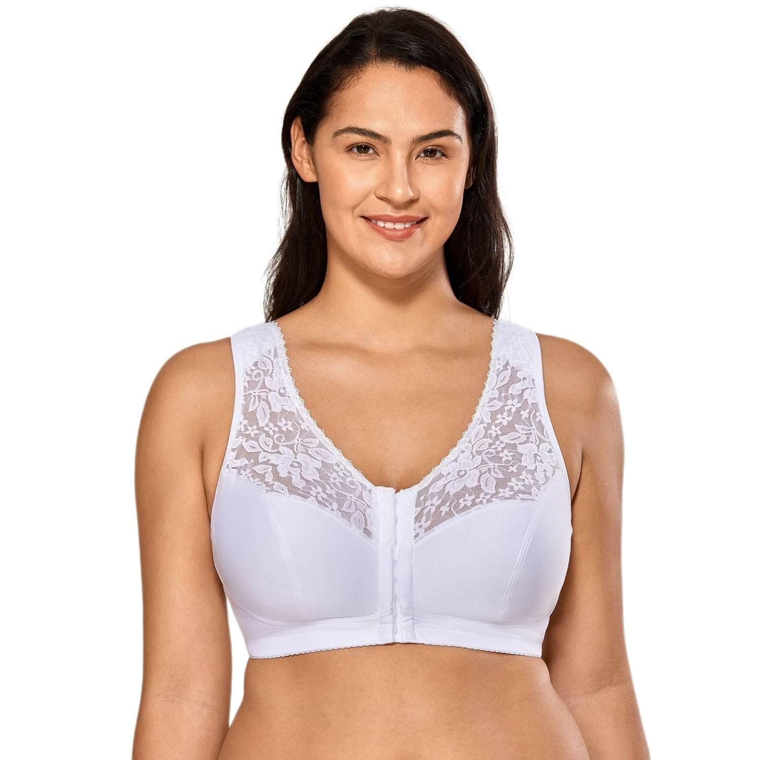 Womens Front Closure Bras Racerback Wireless Plus Size Full Coverage Lace  Bra Natural 46DD