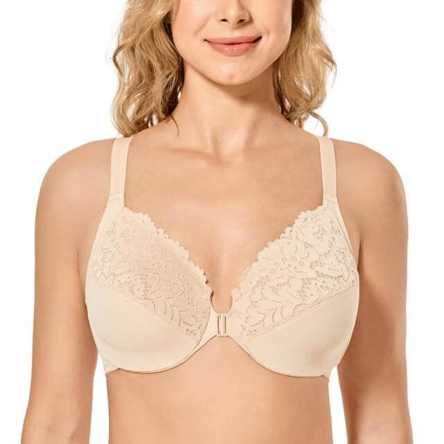Womens Front Closure Bras Plus Size Lace Full Coverage Underwire Unlined  Bra Beige 44C