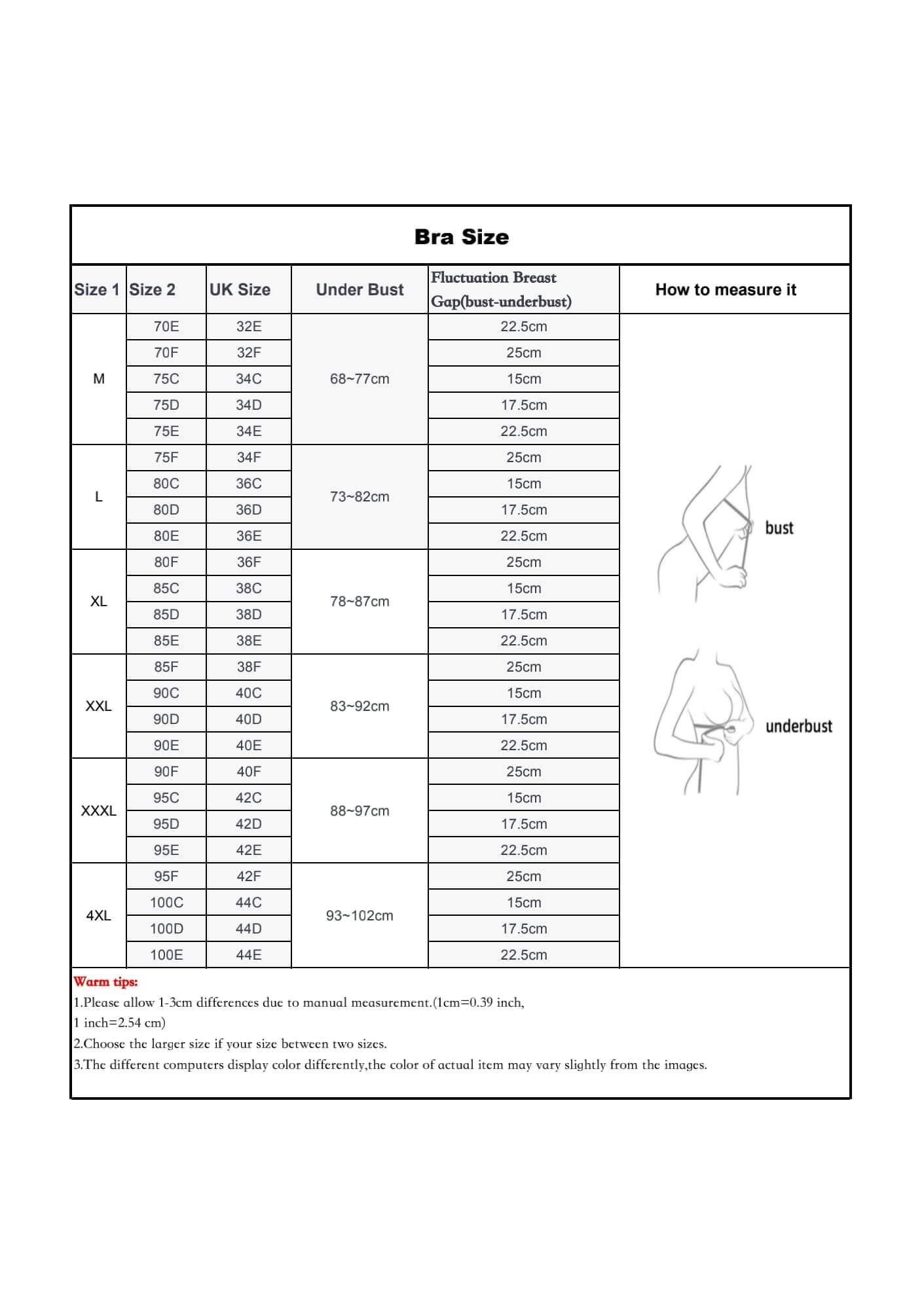 size chart for Full Cup Bras with Wider Straps