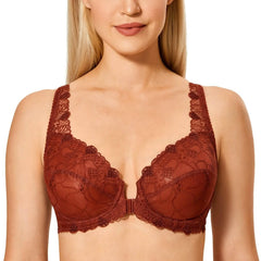 Lace Embroidered Full Coverage Plus Size Front Closure Masi Bra - Okay Trendy