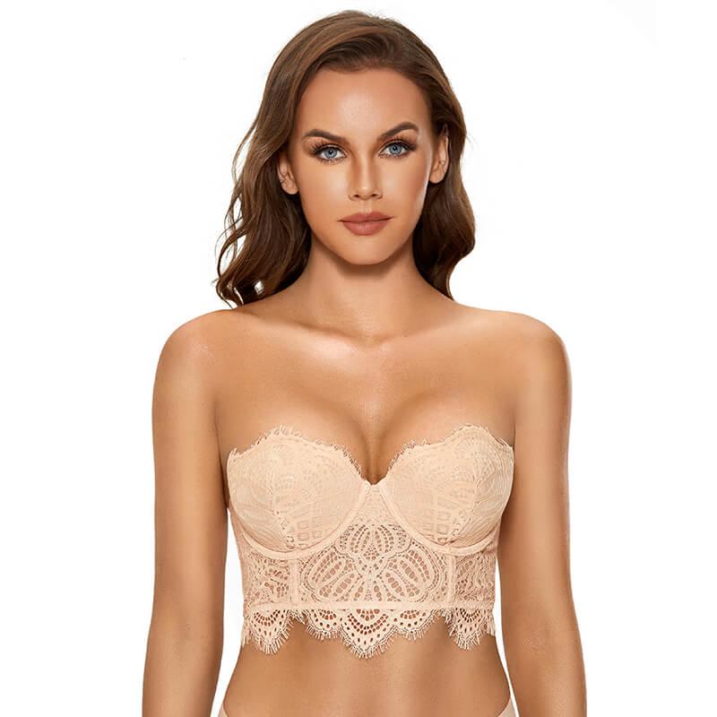 DOBREVA Women's Strapless Floral Lace Bra Mini Bustier Longline Lightly  Lined Underwire Beige 32A at  Women's Clothing store