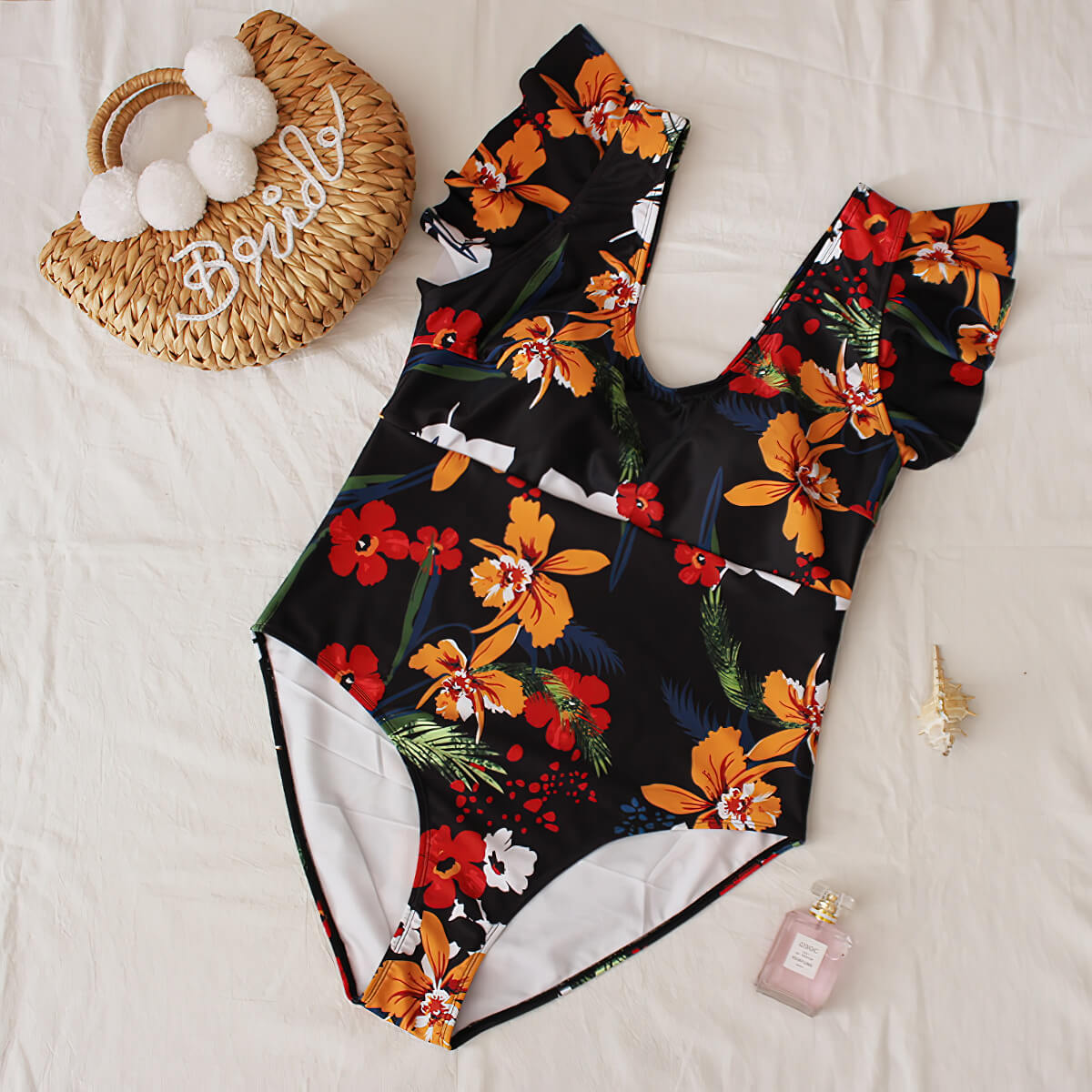 Plus Size Ruffle Swimsuit Flower Printed