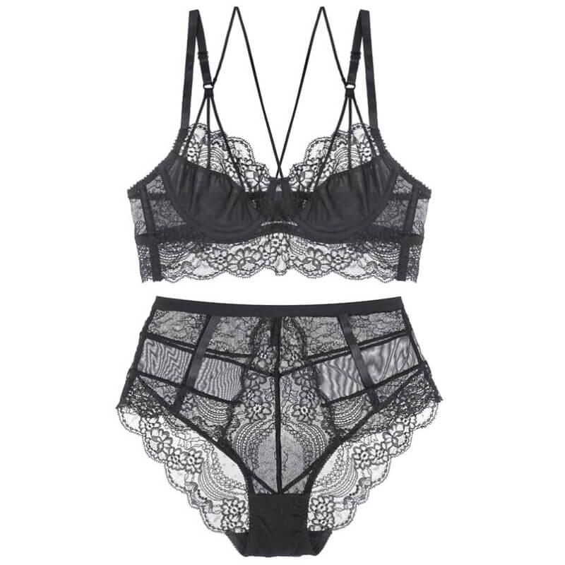 Black Lace Sheer See Through Lingerie Set Strapless Bra Panty Underwear S-XL