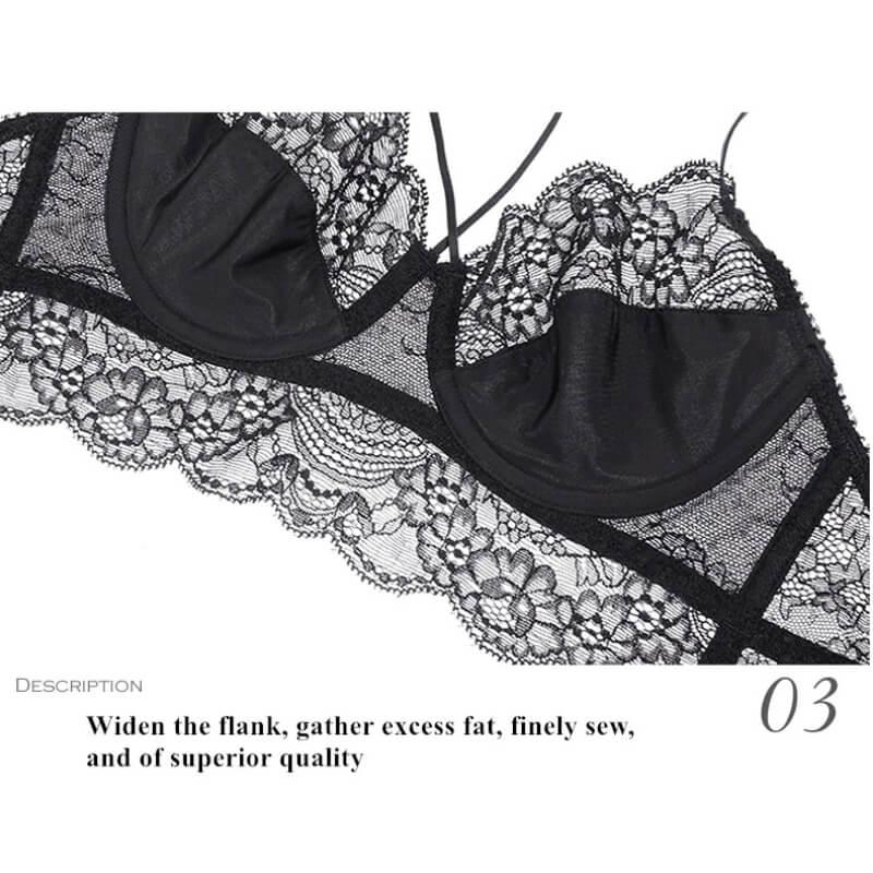 Sexy Lace Plus Size Female Lingerie Transparent Thin Thick BCDE Cup Bra  Sets Breathable Women Underwear Panties Briefs Color: Black, Cup Size: 75B