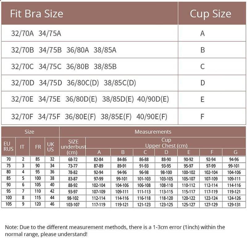 Size Chart For Plus Size Front Closure Strapless Padded Stick On Bra 