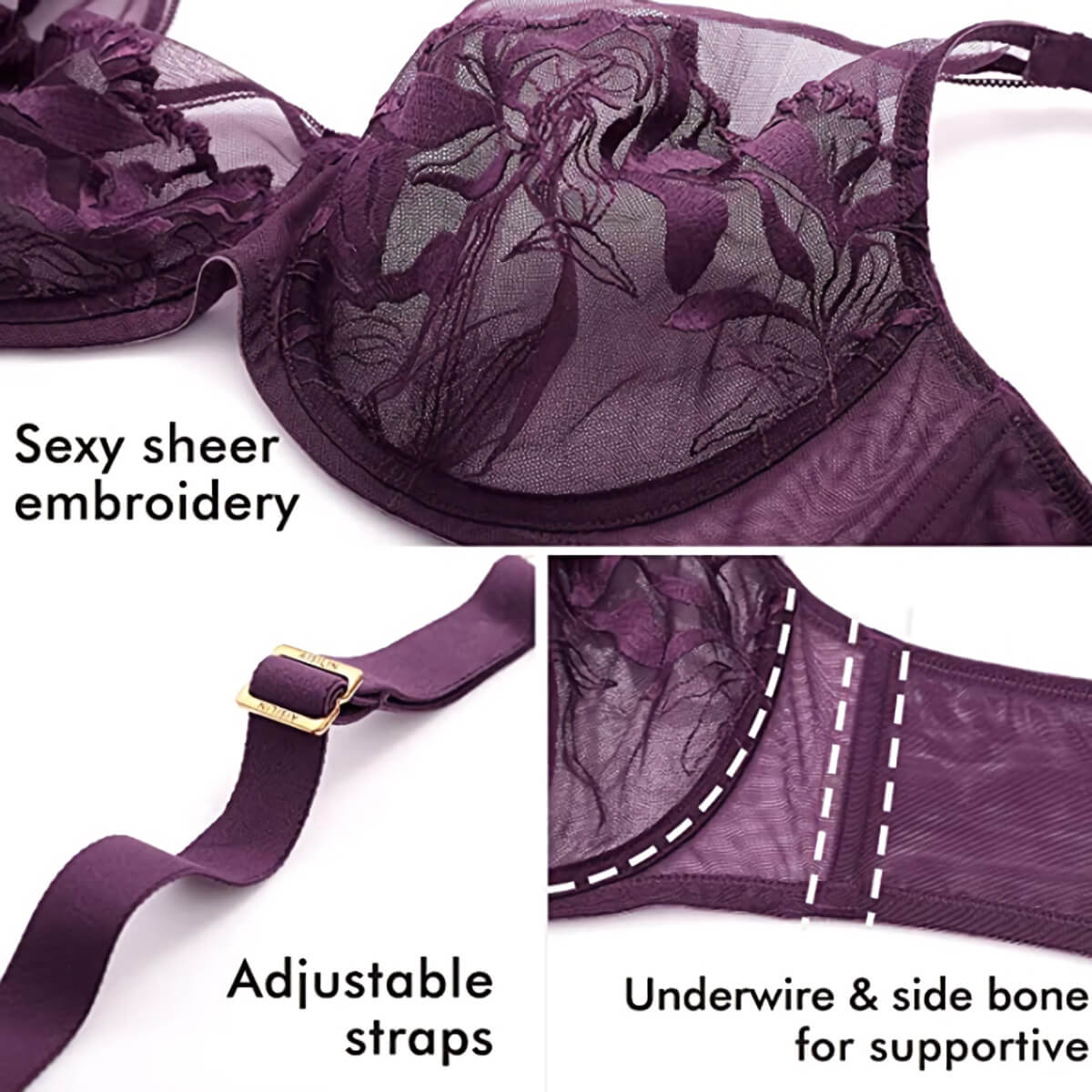 Violet N Wine - Embroidery comfortable under breast support Bra set 40D